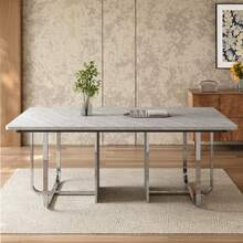 Dining Table, L180*W80*H75cm, Modern Dining Table, Sturdy Dining Table, Metal Legs, Larger Dining Table, Rectangular Dining Table, Dining Table For 6 People, Modern Simple Dining Table, Grey + Silver - Grey - View 5
