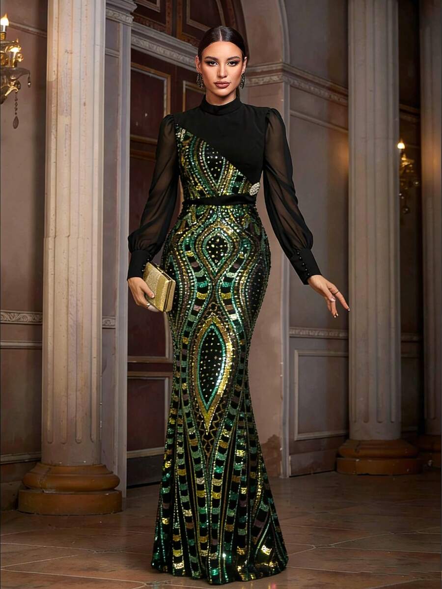 Women's Elegant Party Sequin Contrast Mesh Fishtail Hem Dress - Green - View 1