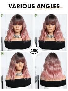 高品质自然舒适14英寸蓬松波波头假发，粉色渐变短款波浪卷发，适合角色扮演洛丽塔风格，全头长卷发耐热优雅渐变假发，女士适用 - 漸層粉紅色 - 查看 8