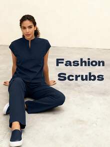 cimmuovere 女士纯色立领上衣和宽松休闲运动裤套装 - 藏蓝色 - 查看 1