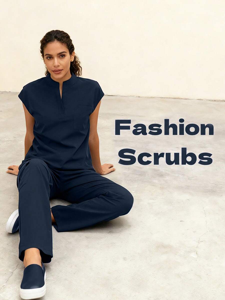 cimmuovere 女士纯色立领上衣和宽松休闲运动裤套装 - 藏蓝色 - 查看 1