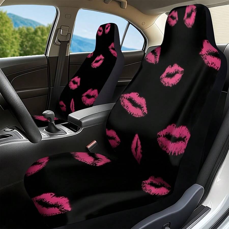 1pc Modern Pink Lips Kiss Art Print Car Seat Covers, Comfortable And Durable, Universal Fit For Most Vehicles, Great For Stylish Interior Upgrade And Daily Commuting, Perfect Gift For Valentine'S Day - 彩色 - 查看 1