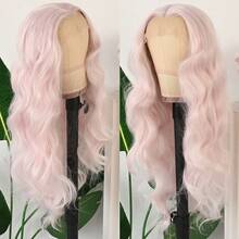 13X4 Light Blue Long Body Wave Lace Front Wig 28" Long Wavy Wigs Glueless Free Part Blue Wavy Hair Adjustable Straps & Combs Heat Resistant Blue Loose Wave Synthetic Hair Replacement Wigs For Women For Daily Wear Parties & Special Occasions - 淡粉紅色 - 查看 3