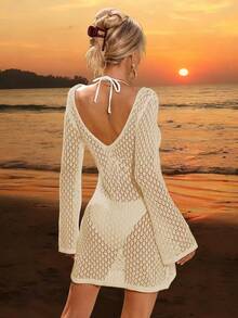 女士长袖镂空泳衣罩衫，优雅波西米亚海滩度假风，V领薄裙摆，夏季度假必备 - 杏色 - 查看 3