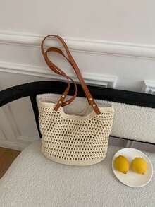 Túi tote đan rơm mùa hè mới 2025, túi đeo vai đa năng đi biển, túi xách đi làm. - Màu be - Xem 6