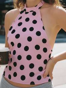 Womens Summer Halter Neck Tops Dot Print Sleeveless Backless Slim Fit Vest for Daily Wear and Party - Rosa - Ver 3