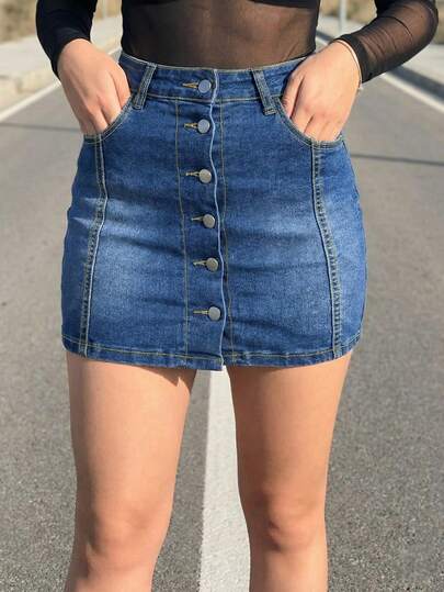Women's Casual Straight Mini Denim Skirt With Button Front Detail Medium Stretch Fabric
