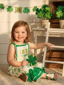 Toddler Baby Girls Spring Jumpsuit Bell Bottoms Shamrock Letter Pattern Ruffled Trim Sleeveless Overalls - Green - View 3