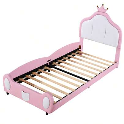 Upholstered Children's Bed, 90*200 Cm, Headboard With Cornice, Attractive Slat Design At The Head And Foot Of The Bed, Two-Tone Patchwork Design, Faux Leather Fabric, Pink
