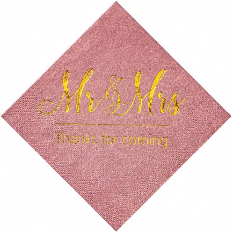 Dusty Rose Wedding Napkins Mr amp Mrs Gold Cocktail Beverage Dessert Napkins for Wedding Shower Engagement Party Decorations, Wedding Cake Table Decor Supplies 100 Pcs, 3Ply
