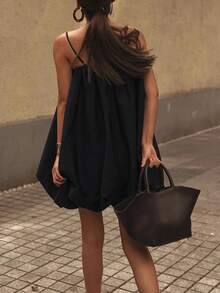 Women's Casual French Style Spaghetti Strap Ruffle Mini Dress, Solid Color Elegant Woven Fabric Casual Beach Holiday Daily Date Dress, Spring/Summer - Black - View 2