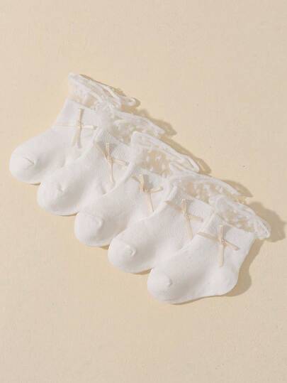 5 Pairs Baby/Toddler Socks, Cute Bow Decor Polka Dot Lace Princess Socks, Skin-Friendly Soft Comfortable Breathable Mesh Socks, Fashionable Versatile, Suitable For Holidays, Parties, Princess Dresses, And Daily Wear