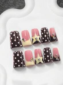 10件套复古甜美风格凝胶美甲套装，亚克力按压式美甲贴片，3D银色圆形水钻装饰，手绘奶油黄色星星，白色波点美甲装饰，黑色指甲油美甲用品手工按压式美甲贴片 - 彩色 - 查看 10