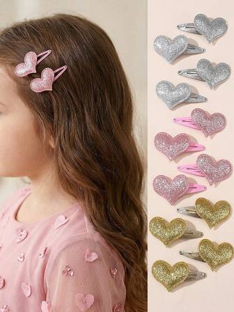 3 Pairs/6 Pairs Girls Glitter Colorful Heart Shaped Hair Clips Set, Suitable For Daily Decoration