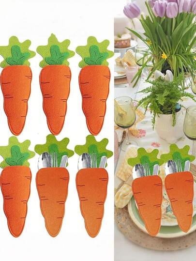 1/2/4pcs Easter Carrot Shaped Felt Cutlery Holder, Happy Easter Family Party Table Decor Cutlery Organizer