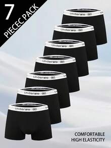 7-Piece Comfortable Men's Boxer Briefs Set: "Underwe" Logo Elastic Waistband High Elasticity Soft Black Fabric Daily Underwear - Multicolor - View 1