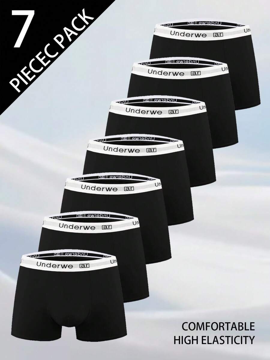 7-Piece Comfortable Men's Boxer Briefs Set: "Underwe" Logo Elastic Waistband High Elasticity Soft Black Fabric Daily Underwear - Multicolor - View 1