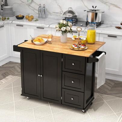  COSTWAY Rolling Kitchen Island, Serving Cart With Rubber Wood Drop-Leaf Tabletop, Mobile Kitchen Table With Storage Cabinet, Adjustable Shelves, 3 Drawers, Spice Organizer & Towel Holder, Black