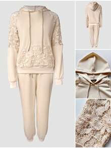 Women's 2 Pieces Set: Lace Patchwork Drawstring Kangaroo Pocket Hoodie And Drawstring Elastic Waist Jogger Pants, Casual Street Wear - Apricot - View 5