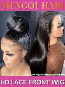 24英寸直发真人发假发，黑色蕾丝前假发，180%密度，直发混纺真人发假发，无胶假发，13x6、13x4、5x5透明蕾丝前假发，女士款，预先拔毛，自然发际线 - 自然色&黑色系 - 查看 2