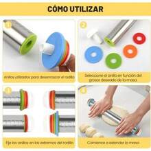 Rodillo de Masa Ajustable de Acero Inoxidable, Juego de Rodillo y Alfombrillas de Silicona para Repostería con 4 Anillos Intercambiables y Tapete de Silicona, para Pizza, Galletas y Repostería(default) - Multicolor - Ver 4