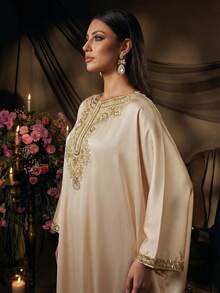 AmazingHoney Elegante bata de kaftan de color crema con detalles bordados en dorado, mangas de murciélago, bata de fiesta abaya, bata de kaftan, bata abaya (corte holgado - por favor, consulte la tabla de tallas) - Albaricoque - Ver 7