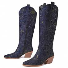 GOTHICTOR Sparkly Cowboy Knee High Boots For Women Pointed Toe Shiny Glitter Chunky Heel Side Zipper Western Cowgirl Dress Boots For Wedding Party - 寶藍色 - 查看 5