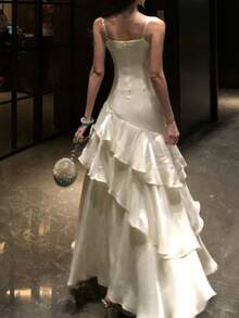 Elegant Summer Apricot Dress For Women Valentine's Day Sexy Satin Prom Dress, Wedding Guest Party Evening Gowns, Ruched Ruffle Vacation Outfits Beach Holiday Vacation - Apricot - View 10