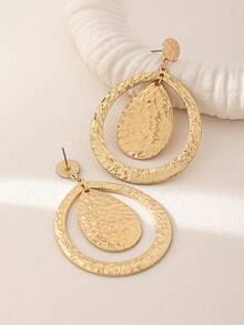 一对欧美时尚长款简约百搭镂空水滴锤纹经典极简垂坠耳环 - 金色 - 查看 3