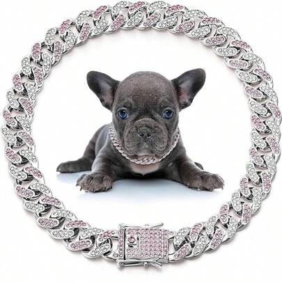 1pc Luxury Pet Dog Necklace, Inlaid With Shiny Rhinestones, 12mm Wide Cuban Chain, Small/Medium/Large Cat Dog Hip Hop Collar Accessory, Suitable For Daily Wear Or Holidays