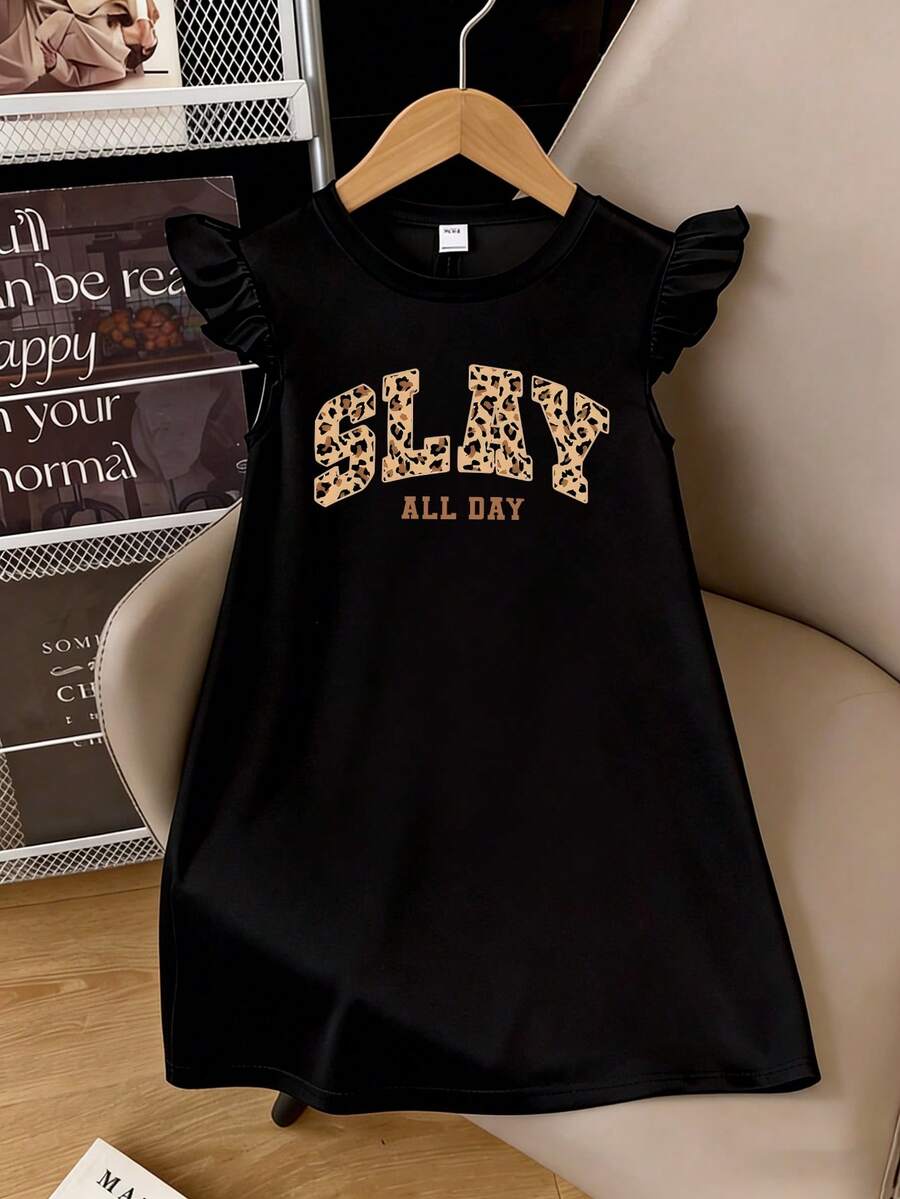 Đầm casual in chữ họa tiết da báo cho bé gái tuổi teen, thích hợp cho mùa xuân/hè. - màu đen - Xem 1