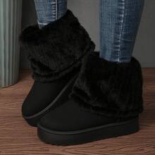 Womens Snow Boots Fluffy Faux Fur Lined Short Casual Shoes Platform Solid Winter Warm Boots Outdoor - 黑色 - 查看 2