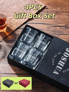 4只装60毫升/2盎司个性化威士忌酒杯套装，带礼盒，永久激光雕刻，永不褪色，可定制姓名，方形杯口，适合作为圣诞礼物、结婚礼物、伴郎礼物、伴娘礼物。