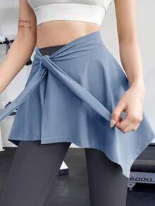 1件装女士纯色运动瑜伽束腰半身裙，速干透气不对称防闪光涤纶雪纺系带腰身裙 - 可作披肩、装饰品使用，适合日常穿着、健身、户外活动 - 繫帶款 - 查看 10