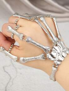 Caiyao's Gothic-Punk Metal Bracelet Features Skull And Crossbones Patterns, Exaggerated Bone Joint Rings, And A Unisex Heel Bracelet. The Rock Bracelet Is Suitable For Carnival Parties, Hip-Hop Dance, Street Dance, Role-Playing, And Vocal Music Concerts.