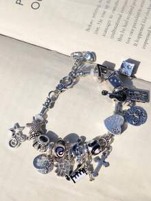 1pc Music Festival Guitar Piano Charm Bracelet, Gothic Dark Spiral Snake Cross Bracelet, Punk Dice Star Bracelet, Devil's Eye Cross Bracelet - Silver - View 8