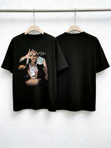[Plus Size Graphic T-Shirt] Black Oversized Tee With Unique Graphic Design - Features A Stylish Person With Glasses And Bold Jewelry, Relaxed Fit For Maximum Comfort, Perfect For Casual Wear Or Chill Days. - 黑色 - 查看 4