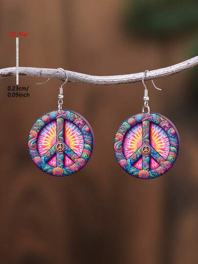 1 Pair 2D Flat Round Bohemian Pattern Acrylic Pendant Earrings, Elegant Minimalist Style Jewelry Earrings For Women, Suitable For Daily And Holiday Wear