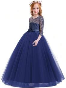 Girls Vintage Floral Lace 3/4 Sleeve Floor Length Dress - Wedding Pageant Formal Evening Gown - 藏蓝色 - 查看 3