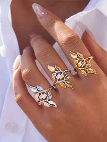 3pcs/1pc Vintage Gold Stainless Steel Adjustable Ring Jewelry Accessories, Green Leaf, Women's Promise Ring, Quality High Jewelry - Multicolor - View 3
