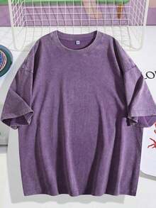 Retro Washed T-Shirt Prank Printed (230 Pure Cotton T-Shirt) 230g Thick Unisex Washed Vintage Oversized T-Shirt Street Hip Hop Punk Harajuku Casual Cotton Shorts DG004 Basic - 紫色 - 查看 13
