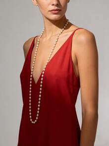 1pc Golden Stainless Steel Electroplated 18K Gold Round Faux Pearl Long Pendant Necklace, Elegant & High-End, Suitable For Holidays, Daily Wear, Engagements, Weddings - White - View 7