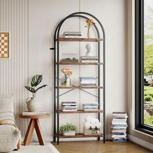 Bücherregal mit 5 Ebenen, gewölbtem Design, hohem Standregal mit Metallrahmen, offenem Aufbewahrungsregal, großem schwarzen Bücherregal für Schlafzimmer, Wohnzimmer, Homeoffice - Schwarz + Retro-Farbtafel - Übersicht 9