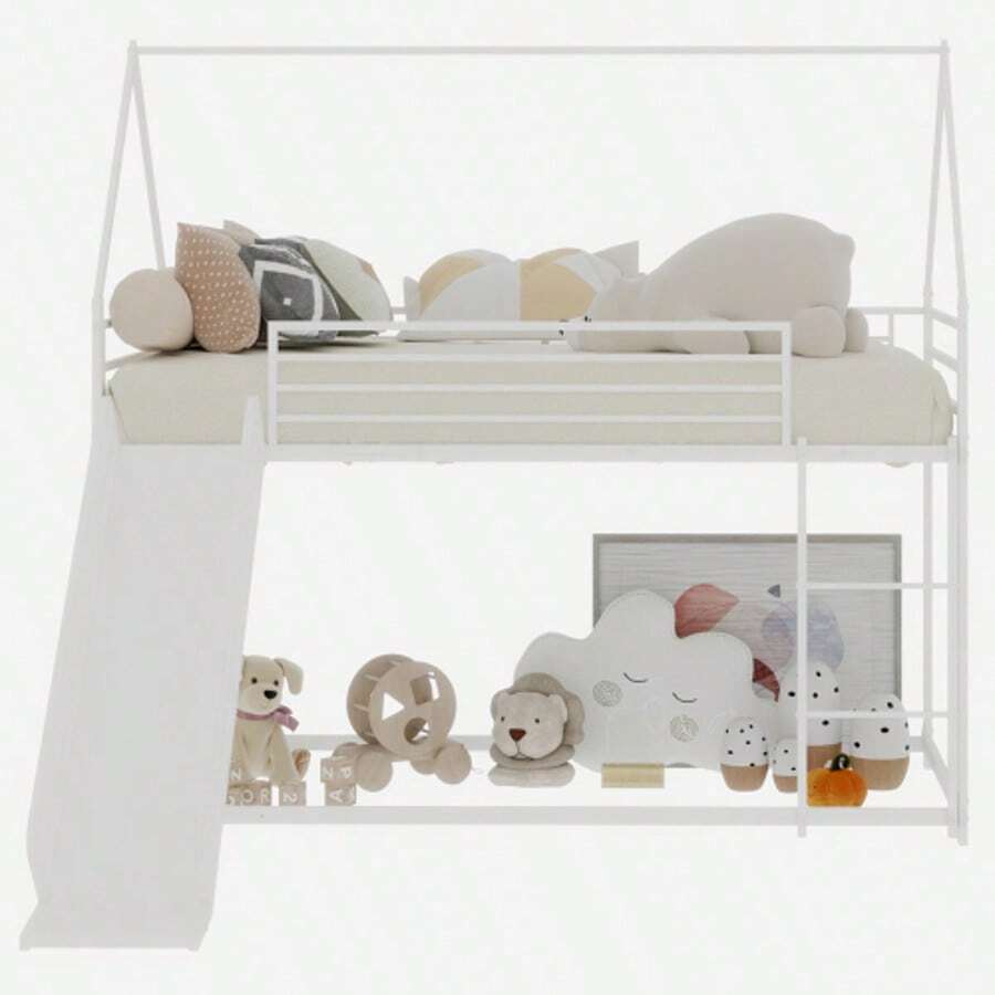 Twin Over Twin Bunk Bed With Slide For Children's Bedroom, House-Shaped Bed Frame With Ladder, No Box Spring Required & Easy To Assemble - 白色 - 查看 1