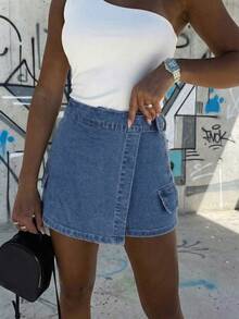 Falda-pantalón vaquera casual de mujer con detalles de cremallera, shorts mini con estiramiento medio para el verano - Azul - Ver 1