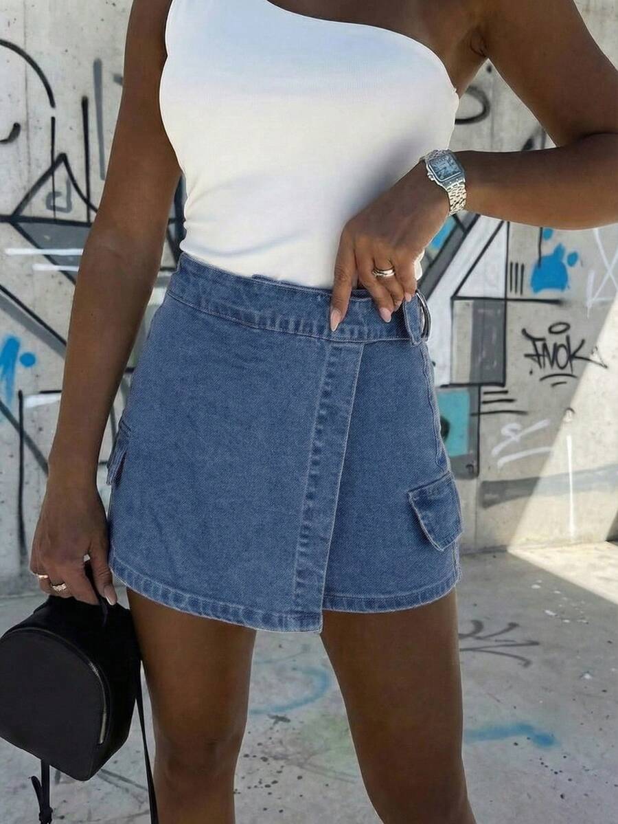 Falda-pantalón vaquera casual de mujer con detalles de cremallera, shorts mini con estiramiento medio para el verano - Azul - Ver 1