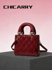 Bolso bandolera de mujer de color rojo burdeos con estilo, bolso de mano acolchado de cuadros, colgante de cereza, decoración de remaches, cierre de cremallera, forro de poliéster, estilo de diseñador conservado, bolso bandolera de moda casual para la calle, adecuado para compras, vacaciones, viajes, fotografía, fiestas y eventos formales - Burdeos - Ver 11