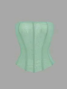 Apperloth A 复古网纱半透明胸衣上衣，无肩带，带钢圈，前系带，后背塑形，适合性感乡村音乐会、夏季度假等场合。 - 豆綠色 - 查看 5