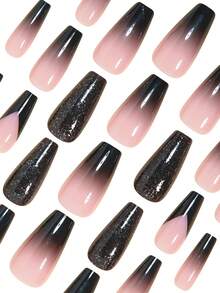 Thêm chút lãng mạn với bộ 24 móng tay giả hình quan tài tối giản, lấp lấp lánh, hiệu ứng chuyển màu đen, kiểu Pháp, độ phủ toàn diện dành cho phụ nữ và bé gái. Bao gồm 1 tờ keo dán và 1 dũa móng mini. Thích hợp cho tiệc tùng, hẹn hò và sử dụng hàng ngày tại văn phòng. Keo dán dạng gel được giao ngẫu nhiên. - Nhiều màu - Xem 4