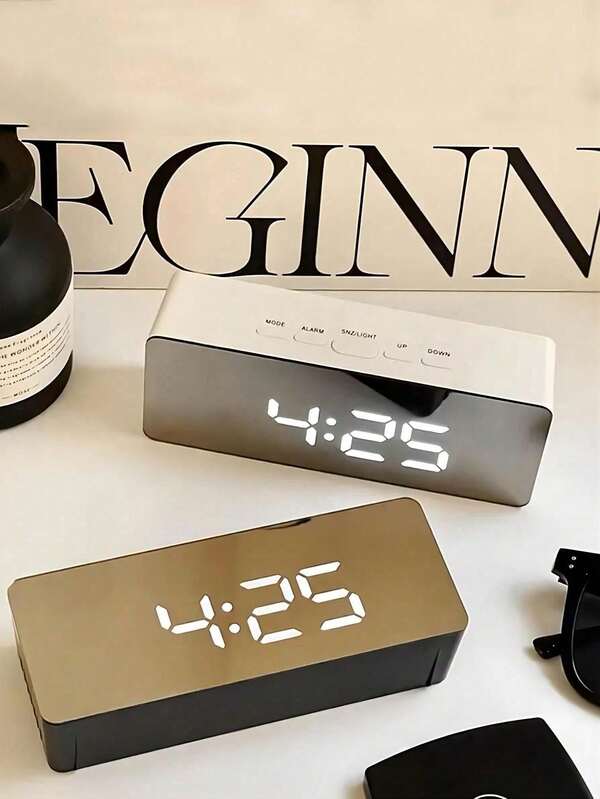 1Pc Glow-In--Dark Mirror LED Alarm Clock – USB Powered With Temperature Date 12/24H & Brightness Dimmer